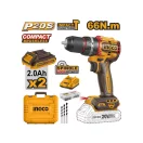INGCO Akku-Schlagbohrschrauber 66 Nm bürstenlos 20 V (2 x 2,0 Ah Akku + Ladegerät)