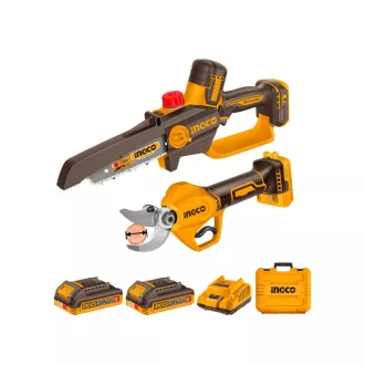   INGCO Akku-Gartengeräte-Set Kettensäge 150 mm + Akku-Astschere (2 x 2,0 Ah Akku + Ladegerät)