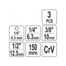 YATO Steckschlüssel-Adaptersatz 3-teilig 1/4" Sechskant -> 1/4", 3/8", 1/2" Vierkant CrV