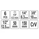YATO Steckschlüssel-Adaptersatz 6-teilig 1/4" Sechskant -> 1/4", 3/8", 1/2" Vierkant CrV