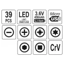 YATO Akku-Präzisionsschraubendreher und Bit-Set 39-teilig 3,6 V Li-Ion (0,45 Ah Akku + Ladekabel).