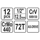YATO Steckschlüsselsatz 12-teilig 1/2" 10-24 mm CrV
