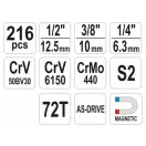 YATO Steckschlüsselsatz 216-teilig 1/4", 3/8", 1/2" CrV