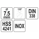 YATO Spiralbohrer 7,5 x 108/70 mm Edelstahl HSS Premium