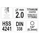 YATO Schneckenbohrer 2,0 x 72/24 mm HSS-TiN mit Bitaufnahme