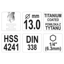 YATO Schlangenbohrer 13,0 x 151/101 mm HSS-TiN Bitbefestigung