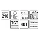 YATO Sägeblatt für Holz 210 x 30 x 2,2 mm / 40T