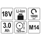 YATO Akku-Winkelschleifer 125 mm 18 V Li-Ion (2 x 3,0 Ah Akku + Ladegerät)
