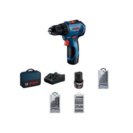 BOSCH Akku-Bohrschrauber GSR 12V-30 im Tasche + Zubehörsets (2 x 2,0 Ah Akku + Schnellladegerät)