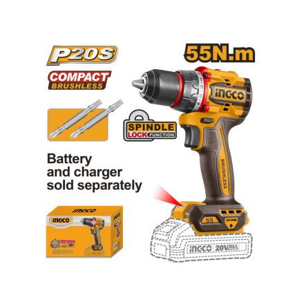 INGCO Akku-Bohrschrauber 55 Nm bürstenlos 20 V (ohne Akku und Ladegerät)