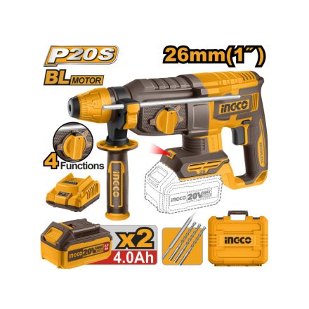 INGCO Akku-Kombihammer 2,5 J SDS-Plus bürstenlos 20 V (2 x 4,0 Ah Akku + Ladegerät)