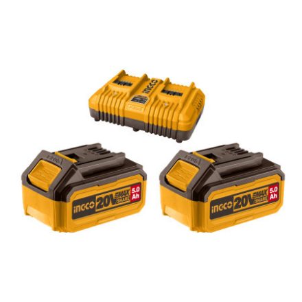 INGCO Akku- und Ladegerät-Set 20 V (2 x 5,0 Ah Akku + 8,0 A Doppelladegerät)