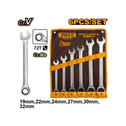 INGCO Ratschen-Ring-Maulschlüssel-Set 6-teilig 19-32 mm CrV