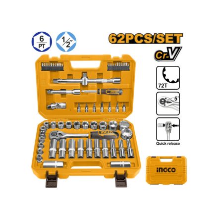 INGCO Steckschlüsselsatz 62-teilig 1/2" 10-32 mm CrV